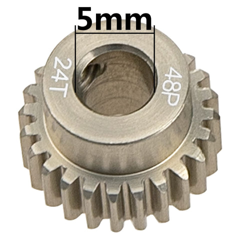 7075 Aluminum 48DP 5mm Pinion Gear Set With 20T 21T 22T 23T 24T Fits 5mm Shaft For One Tenth Scale RC Cars HPI Losi Axial Traxxas Tamiya 5 Pack Durable Aluminum Gears For Smooth Meshing, featuring 24T gear close-up showing 5mm bore and 48 pitch.
