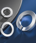 Front view of stainless steel split lock washer set (304 stainless) in multiple sizes #4–#12, 1/4–1/2 in.