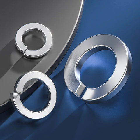 Front view of stainless steel split lock washer set (304 stainless) in multiple sizes #4–#12, 1/4–1/2 in.