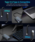 Blazing Fast M.2 NVMe SSD Enclosure With Slick RGB Design And 40Gbps USB4 To Type C Adapter connected to laptop showing Type-C and Type-A compatibility.