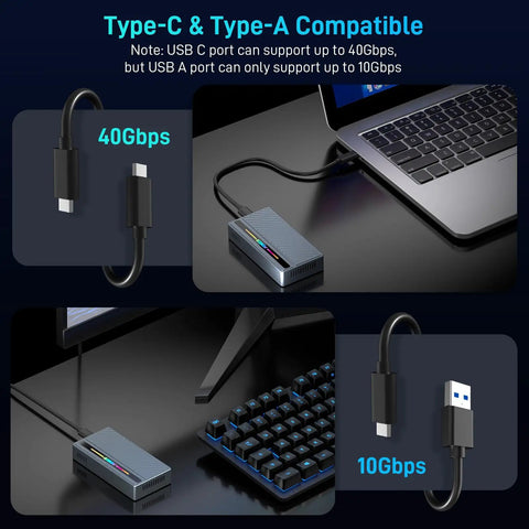 Blazing Fast M.2 NVMe SSD Enclosure With Slick RGB Design And 40Gbps USB4 To Type C Adapter connected to laptop showing Type-C and Type-A compatibility.