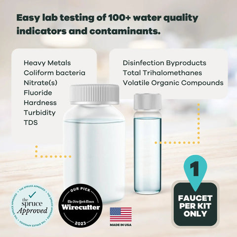 Top Tier Home Water Test Kit For Well And City Tap Sources Checks One Hundred Sixteen Parameters, including lab bottles for water testing.
