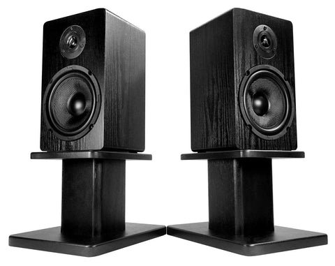 Heavy Duty 8 Inch Desktop Speaker Stands With 66 Pound Capacity, Isolation Pads, Cable Management, Built For Studio Monitors And Bookshelf Speakers, Solid MDF Core, Premium Finish, Stable, Vibration Free with two speakers on stands.