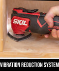 Heavy Duty 20V Brushless Cordless Oscillating Multi Tool Kit in use, cutting wood with vibration reduction system.