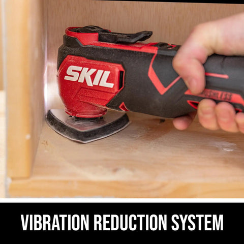 Heavy Duty 20V Brushless Cordless Oscillating Multi Tool Kit in use, cutting wood with vibration reduction system.
