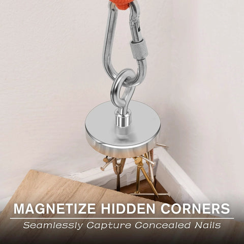 Front view of a 2.36-inch round fishing magnet with metal loop, hanging chain and carabiners.