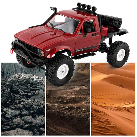 Rugged 1/16 Scale RC Crawler Off Road Truck 4x4 With LED Lights 2.4G Remote Control, shown against rocky, muddy, and desert terrain.