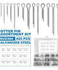 420 Piece Cotter Pin Assortment Kit with Split Pins and Fastener Clips for Cars and Tractors in a Sturdy Steel Case, showing arrangement