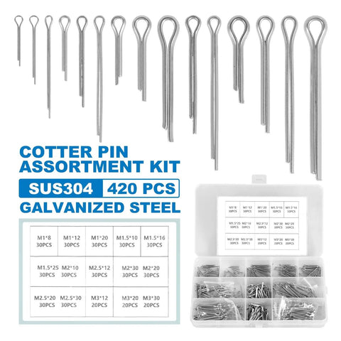 Heavy Duty Cotter Pin Kit 420 Piece Set With Stainless Steel Split Pins And Fasteners For Cars Trucks Tractors And More In Durable Rust Resistant Hard Case showing assorted pins and labeled case.