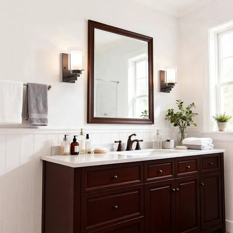 Dark Bronze Vanity Wall Light With Dual Glass Shades, 1 Light Hardwired Indoor Wall Sconce installed above bathroom mirror
