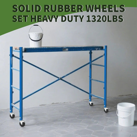 Premium Workhorse Five Inch Baker Scaffold Wheels Set Of Four With Square Stem And Dual Lock Brakes built on heavy duty scaffold with solid rubber wheels.