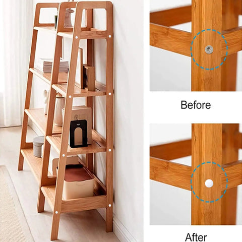Before and after of shelving unit showing white dome caps for M4 screws, enhancing look and concealing fasteners.