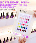 Pro Gel Polish Kit For Salon Use, 36 Color Set, HEMA-Free color chart displayed with bottles on shelf.
