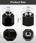 Heavy Duty Router Collet Set Packing 1/2 And 1/4 Inch Bushings measurement images displaying sizes for precision fit in various routers.