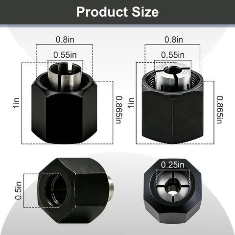 Heavy Duty Router Collet Set Packing 1/2 And 1/4 Inch Bushings measurement images displaying sizes for precision fit in various routers.