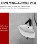 Small wall-mounted white ceramic sink with black faucet, ideal for compact modern bathrooms, shown in a corner placement.