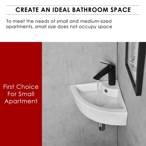 Small wall-mounted white ceramic sink with black faucet, ideal for compact modern bathrooms, shown in a corner placement.