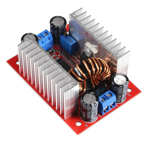 Heavy Duty DC Step Up Boost Converter Pair With No Hassle Voltage Tuning And Twin Heatsinks, showing dual heatsinks and circuit board.