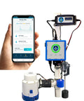 Plug And Play Sump Pump And Battery Backup System With Smart Wifi Monitoring Controller, hand holding app with pump details and setup.