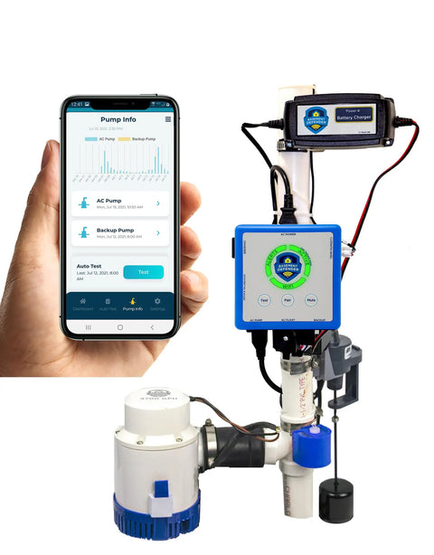 Plug And Play Sump Pump And Battery Backup System With Smart Wifi Monitoring Controller, hand holding app with pump details and setup.