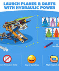 2in1 Hydraulic Paper Airplanes And Darts Launcher STEM Toy for Kids Ages 6 to 14, showing dimensions and components