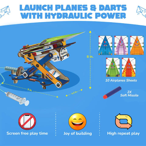 2in1 Hydraulic Paper Airplanes And Darts Launcher STEM Toy for Kids Ages 6 to 14, showing dimensions and components