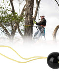 Arborist using Arborist Retriever Ball Rope Friction Saver For Tree Work, Lightweight Plastic Climbing Ball With Rope Accessory.
