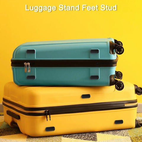 Two suitcases stacked on each other with luggage stand feet, showcasing 4 Pack Luggage Replacement Pads With Plastic Stand Feet For Suitcase And Travel Gear Bottom Side Accessories Includes Self Tapping Screws Black 42x19x13mm