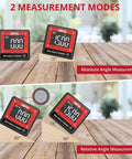 Slick Pocket Sized Digital Angle Finder With Strong Magnet IP54 Waterproof Dustproof Dead On Precision Layout Gauge For Carpentry And DIY No Sweat Compact Measuring Tool showing absolute and relative angle measurement modes.