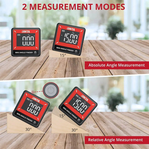Slick Pocket Sized Digital Angle Finder With Strong Magnet IP54 Waterproof Dustproof Dead On Precision Layout Gauge For Carpentry And DIY No Sweat Compact Measuring Tool showing absolute and relative angle measurement modes.