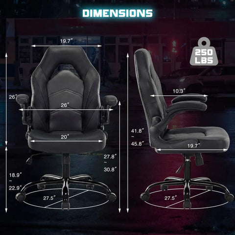 Front and side view dimensions of Ergonomic Gaming Chair Built For Long Gaming Sessions With Adjustable Height Big And Tall Design PU Leather Lumbar Support Flip Up Armrests Swivel Wheels Rocking Mode Home Office Desk Chair Black.