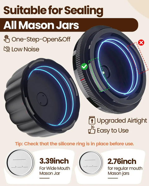 Upgraded Electric Mason Jar Vacuum Sealer Kit with emphasis on wide and regular mouth lids and one-step seal features