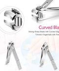 18 Piece Manicure And Pedicure Set With Stainless Steel Tools, featuring sharp nail clippers with curved blade detail.