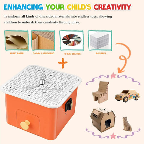 Electric Cardboard Cutter With Precision Cutting Tool for DIY crafts and school projects, shown with crafting materials.