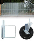 Spring Loaded Gate Wheel Caster For Farm Gates Heavy Duty 5 Inch Aluminum Wheel With Damping shown with a metal gate.