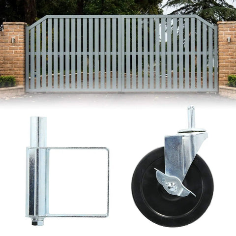 Spring Loaded Gate Wheel Caster For Farm Gates Heavy Duty 5 Inch Aluminum Wheel With Damping shown with a metal gate.