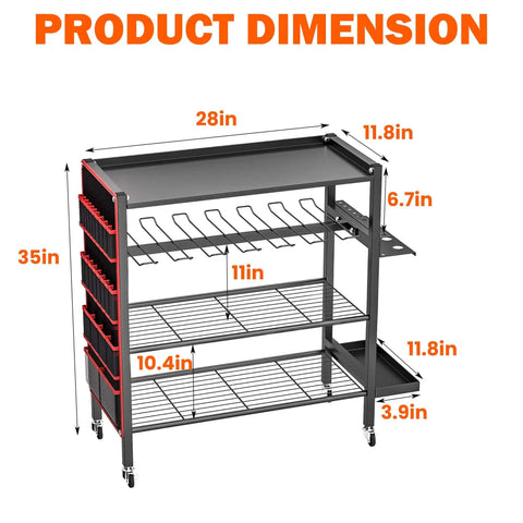 All In One Power Tool Organizer Cart With 4 Tier And Rolling Wheels, Heavy Duty Tool Storage Stand With Side Pockets And Drill Holder Layer, Garage Floor Organizer dimensions