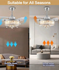 36 Inch Retractable Pendant Fandelier Ceiling Fan With Lights Remote Control, Crystal LED Chandelier Fan in living room setting.