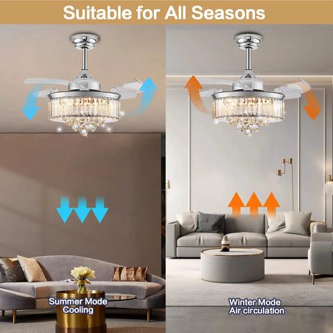 36 Inch Retractable Pendant Fandelier Ceiling Fan With Lights Remote Control, Crystal LED Chandelier Fan in living room setting.
