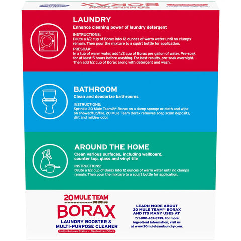 Back of pack instructions for All Natural Powder Laundry Booster And All Purpose Cleaner With Borax For Laundry Kitchen And Bathroom Deep Cleaning Stain Bustin Odor Neutralizer Freshens Clothes And Surfaces Multi Purpose 65 Ounce Pack Of 4