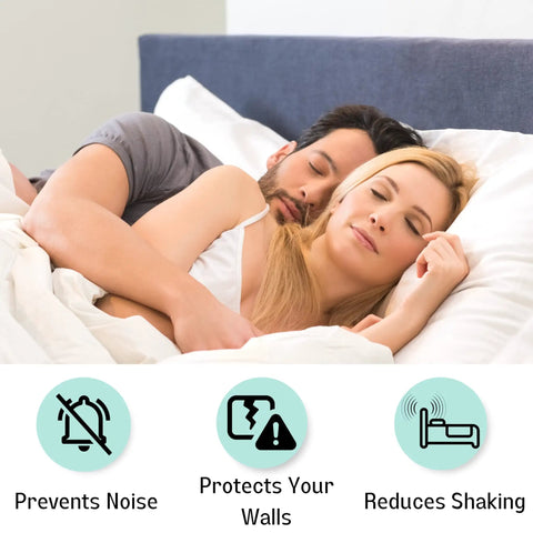 Heavy Duty Wall Buffer Headboard Protectors Soft Foam Stoppers in use, reducing noise and shaking between a couple in bed.