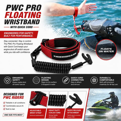 PWC rider using High Visibility Tigershark Pro Floaty Wristband Lanyard with Neon Yellow Quick Cord for water safety