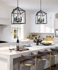 Farmhouse Black Pendant Light Lantern Chandelier For Kitchen Island Foyer Dining Room And Hallway Industrial Style Four Light Fixture With E12 Sockets Measures 17 By Eleven Point Eight Inches No Glass To Clean And Easy Ceiling Mount over kitchen island