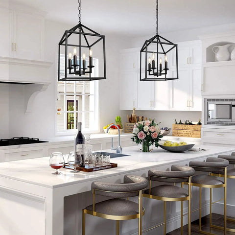 Farmhouse Black Pendant Light Lantern Chandelier For Kitchen Island Foyer Dining Room And Hallway Industrial Style Four Light Fixture With E12 Sockets Measures 17 By Eleven Point Eight Inches No Glass To Clean And Easy Ceiling Mount over kitchen island