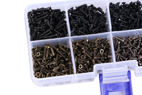 Top Shelf M2 Micro Screw Assortment With Cross Recessed Flat Head Tapping Fasteners In Black Oxide And Bronze offering 1600 pieces in a divided box.