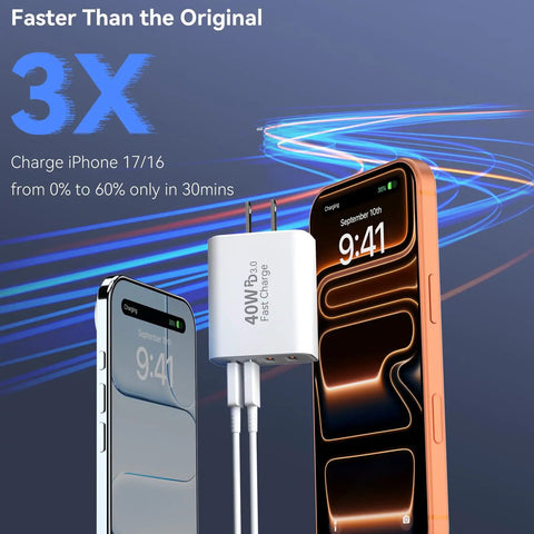 40W USB C Charger Fast Power Block With Four Ports PD Power Delivery And QC 3.0 USB C And USB A Multi Port Wall Charger next to iPhones