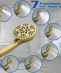 Brushed Gold All In One Dual Shower System With Tub Spout And Trim Kit, Handheld And Overhead Shower Heads, 7 Modes Plus 49 Possible Combinations, 3 Way Diverter, No Fuss Install - 7 modes handheld shower head close-up with different spray patterns in circles