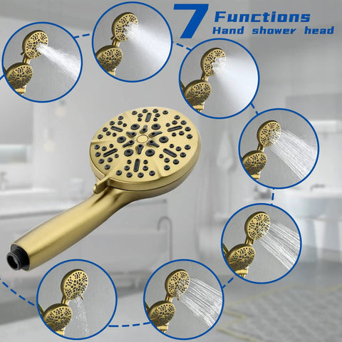 Brushed Gold All In One Dual Shower System With Tub Spout And Trim Kit, Handheld And Overhead Shower Heads, 7 Modes Plus 49 Possible Combinations, 3 Way Diverter, No Fuss Install - 7 modes handheld shower head close-up with different spray patterns in circles