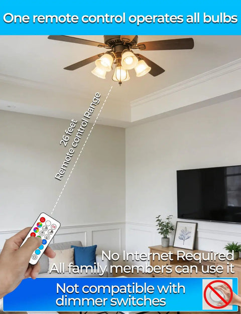 Person using remote to control color changing RGB LED light bulbs in ceiling fan, 26 feet range, in a living room setup.