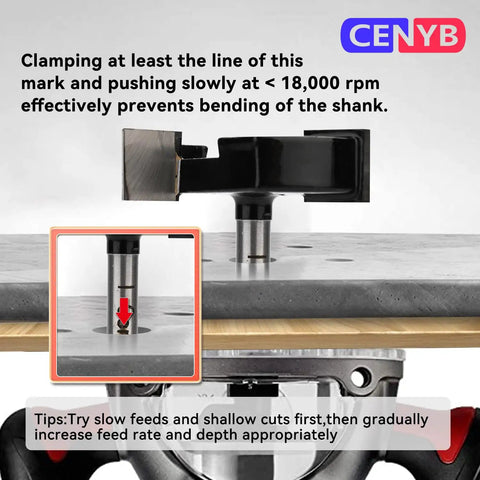 Pro Grade 4 Flute CNC Spoilboard Surfacing Router Bit With 1 Quarter Inch Shank And 2 Inch Cutting Diameter Anti Kickback Design 89 HRC YG8 Tipped Includes Router Collet For Precision Woodworking on a workbench, showing clamping instructions and insert close-up.